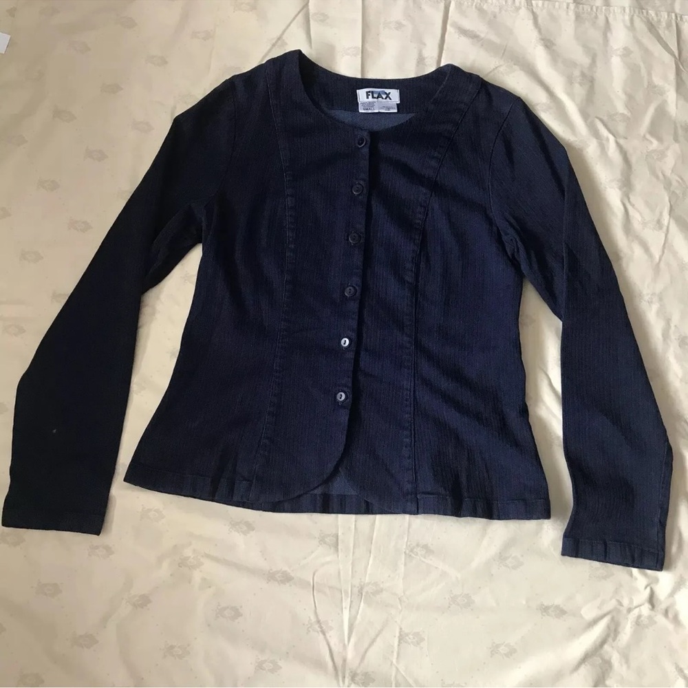 FLAX Queens Top Blazer Womens S (6-8) Navy Stretch Twill Button front minimalist - Picture 2 of 11